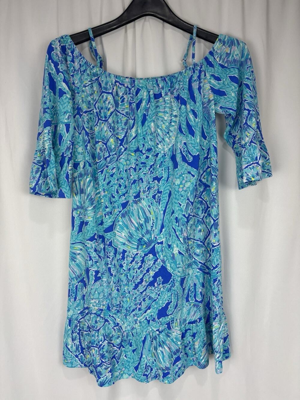 Lilly Pulitzer Girls XL 12-14 Cold Shoulder Dress Blue Crush Tortuga Time Ruffle